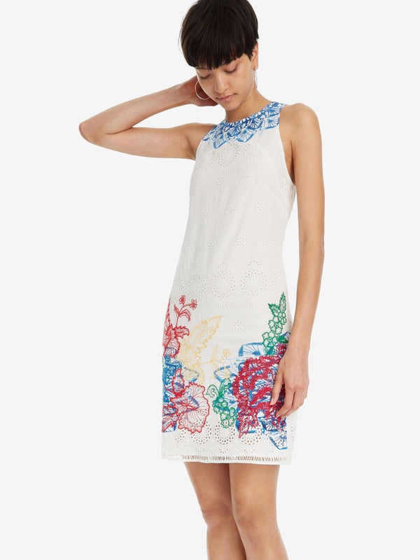 Desigual Women's cotton short dress, white with flower embroidery