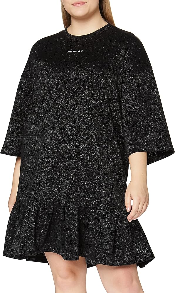 Replay Дамска Макси памучна рокля, черна със златиста нишка