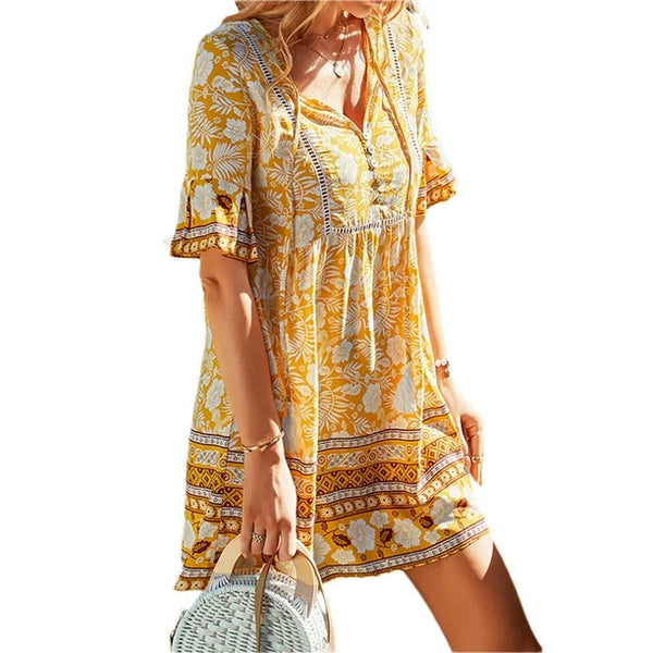 Дамска рокля-туника Magische, жълта с флорални мотиви