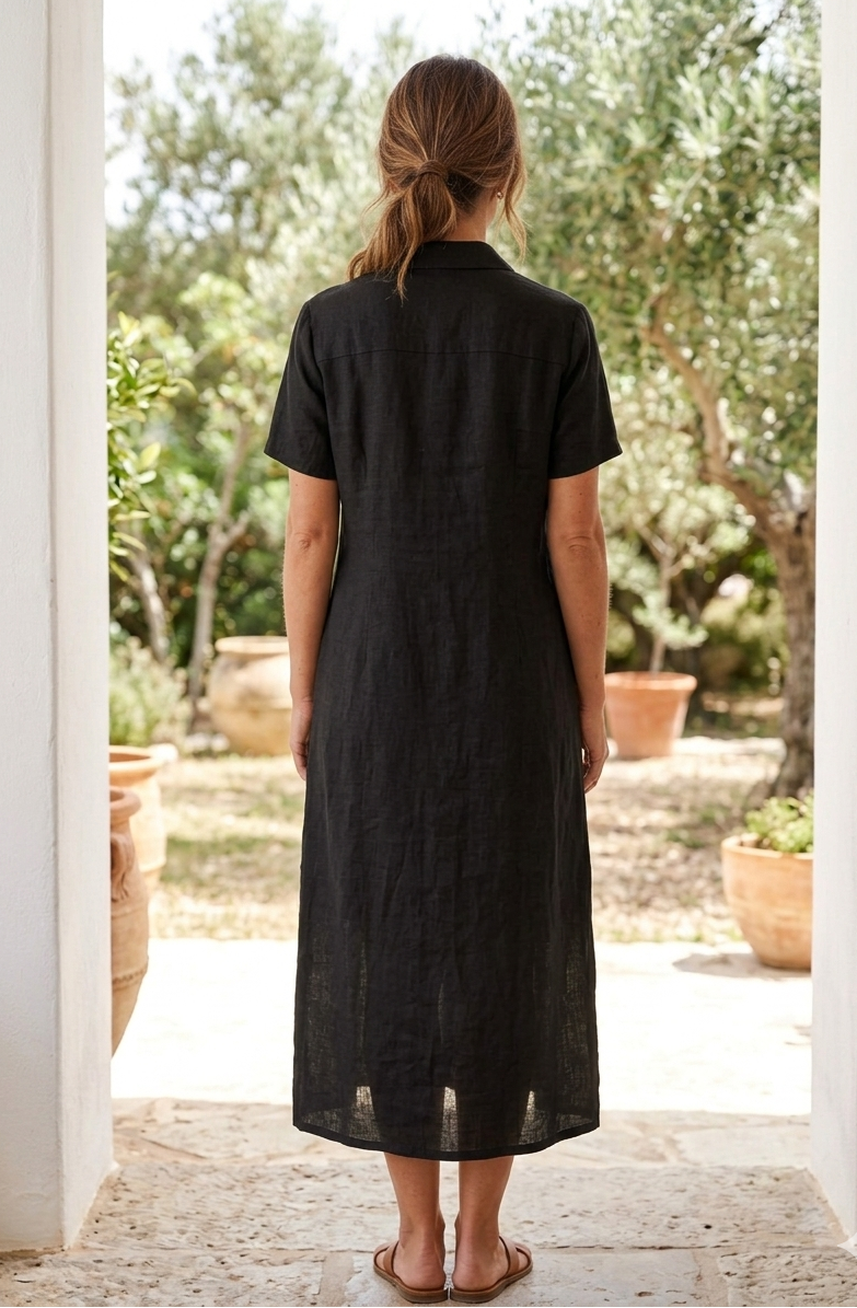 Дълга ленена рокля с предно закопчаване Josefine , черна