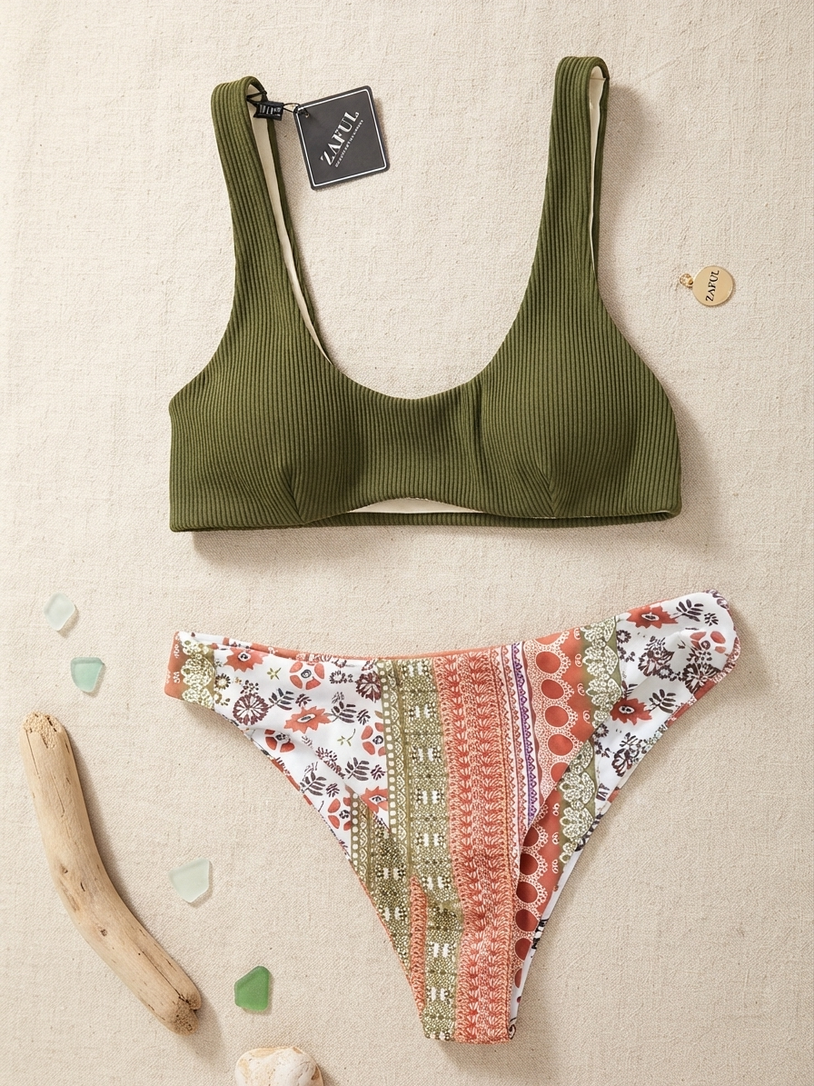 Zaful 2-piece swimsuit, floral print bikini and green top