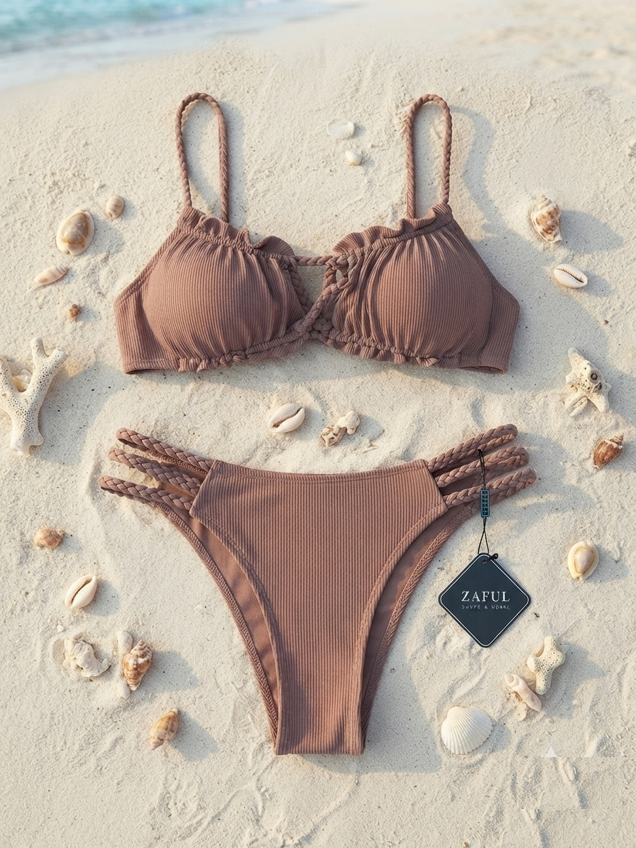 Изящен оребрен бански костюм ZAFUL с плетени детайли и драперии, кафяв