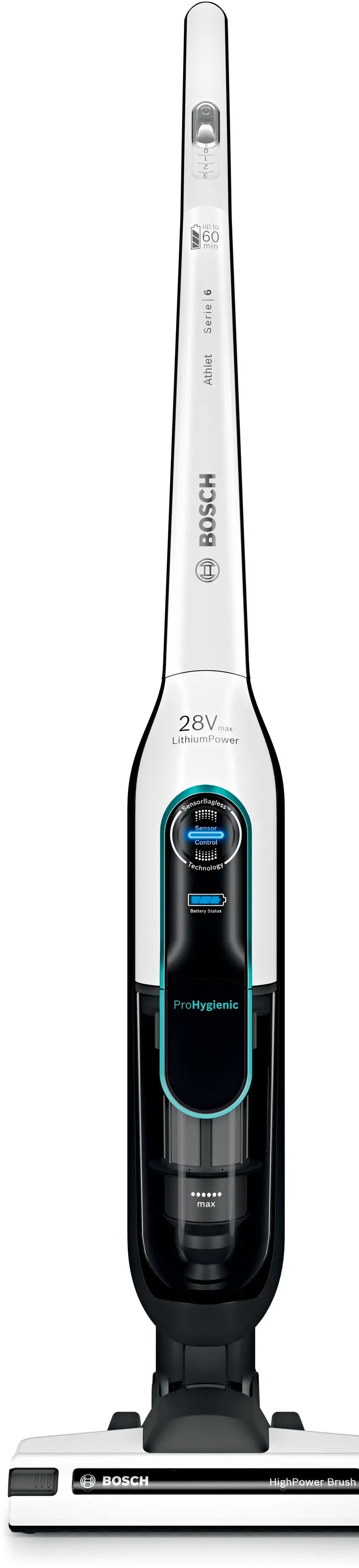 Безжична прахосмукачка Bosch BCH86HYG1 Athlet Series 6 ProHygienic 28 V с LED дисплей, бяла