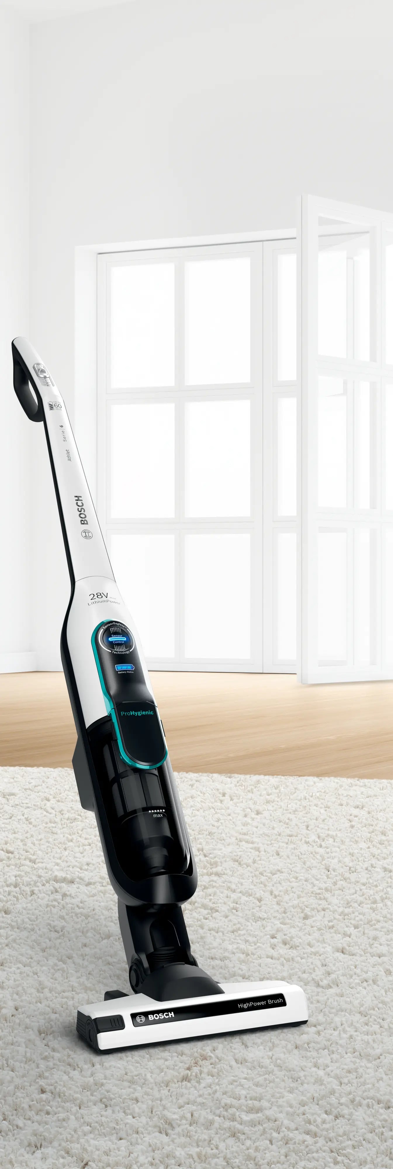 Безжична прахосмукачка Bosch BCH86HYG1 Athlet Series 6 ProHygienic 28 V с LED дисплей, бяла