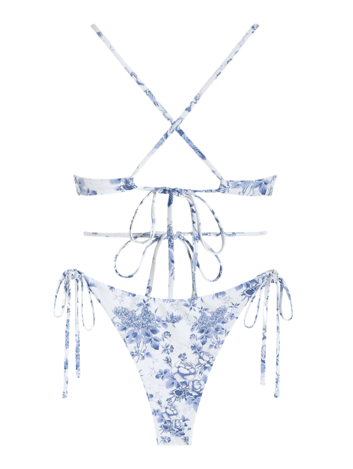 Zaful Бански комплект, бял с флорален син принт