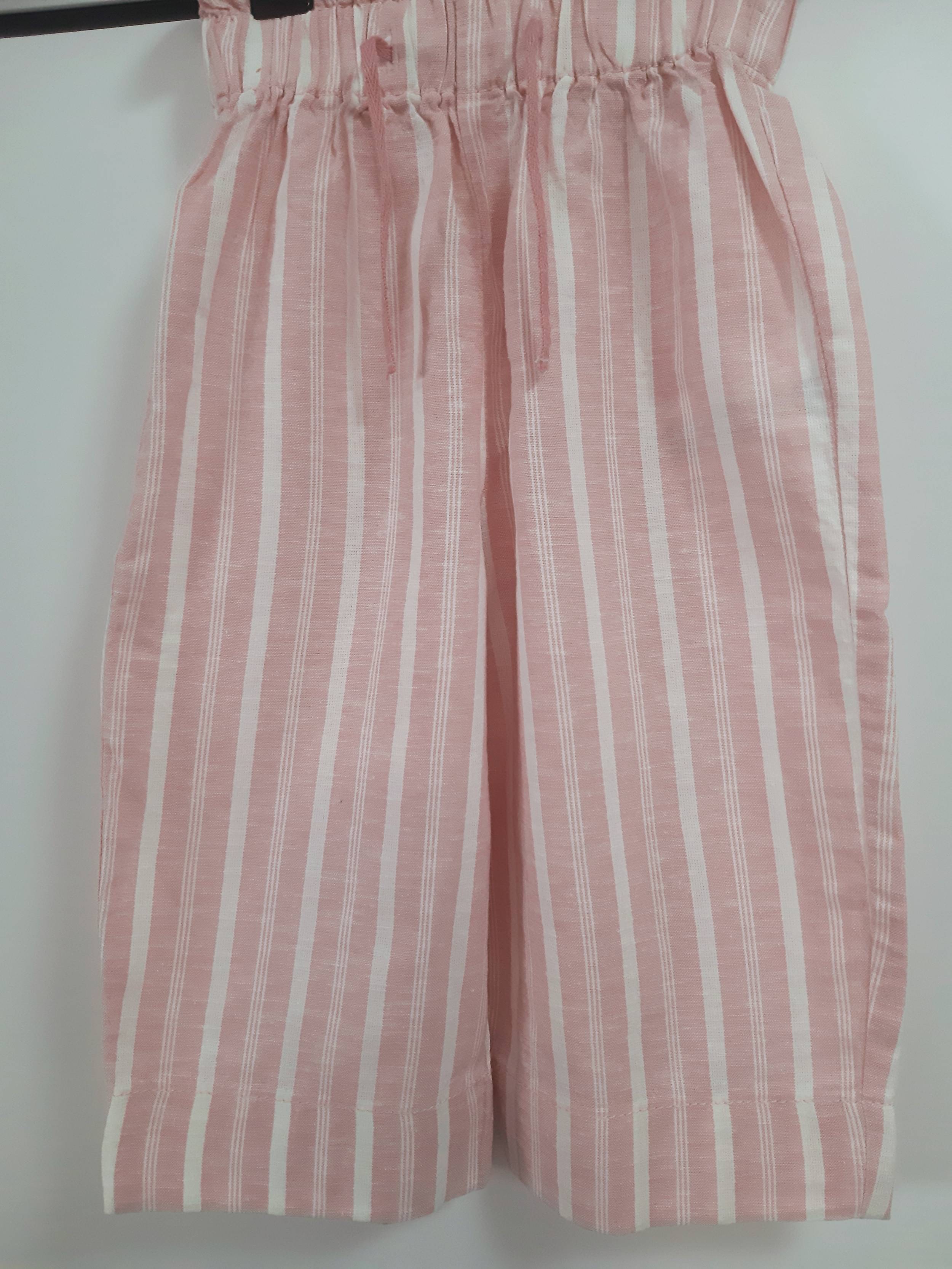 Детски панталон от лен и памук за момиче, розов-бял райе