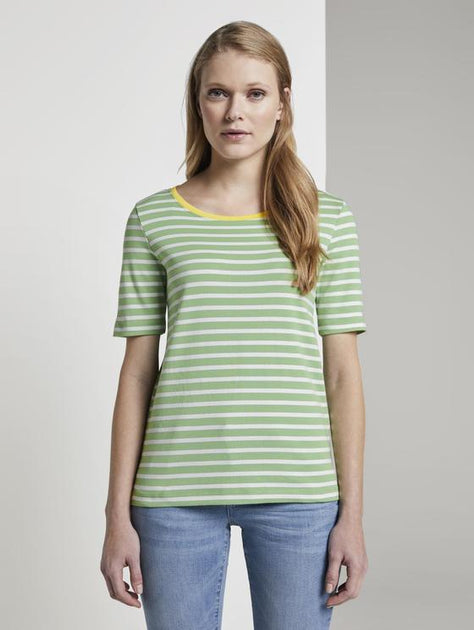 Women's cotton t-shirt TOM TAILOR, green and white stripes