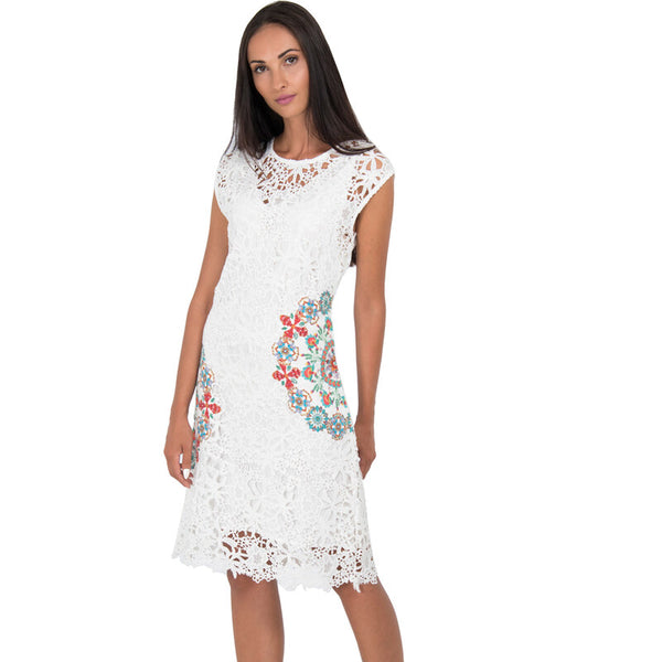 Desigual Дамска дантелена рокля, бяла с щампа цветя