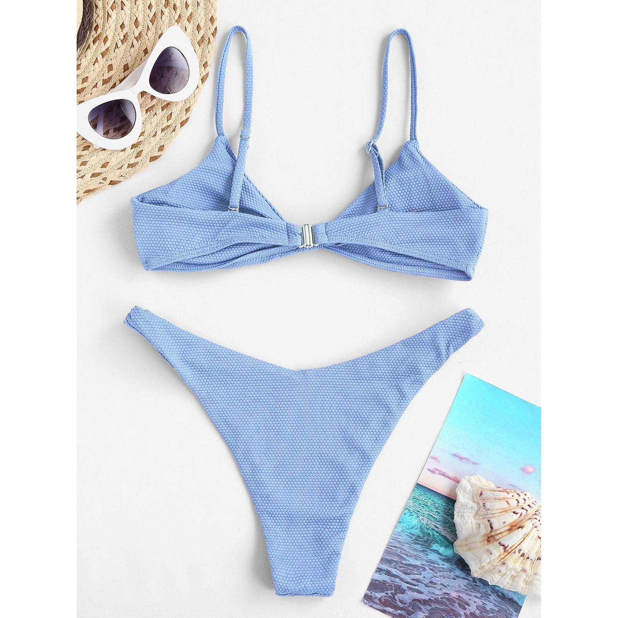 Zaful Two-piece swimsuit, ribbed bustier, light blue