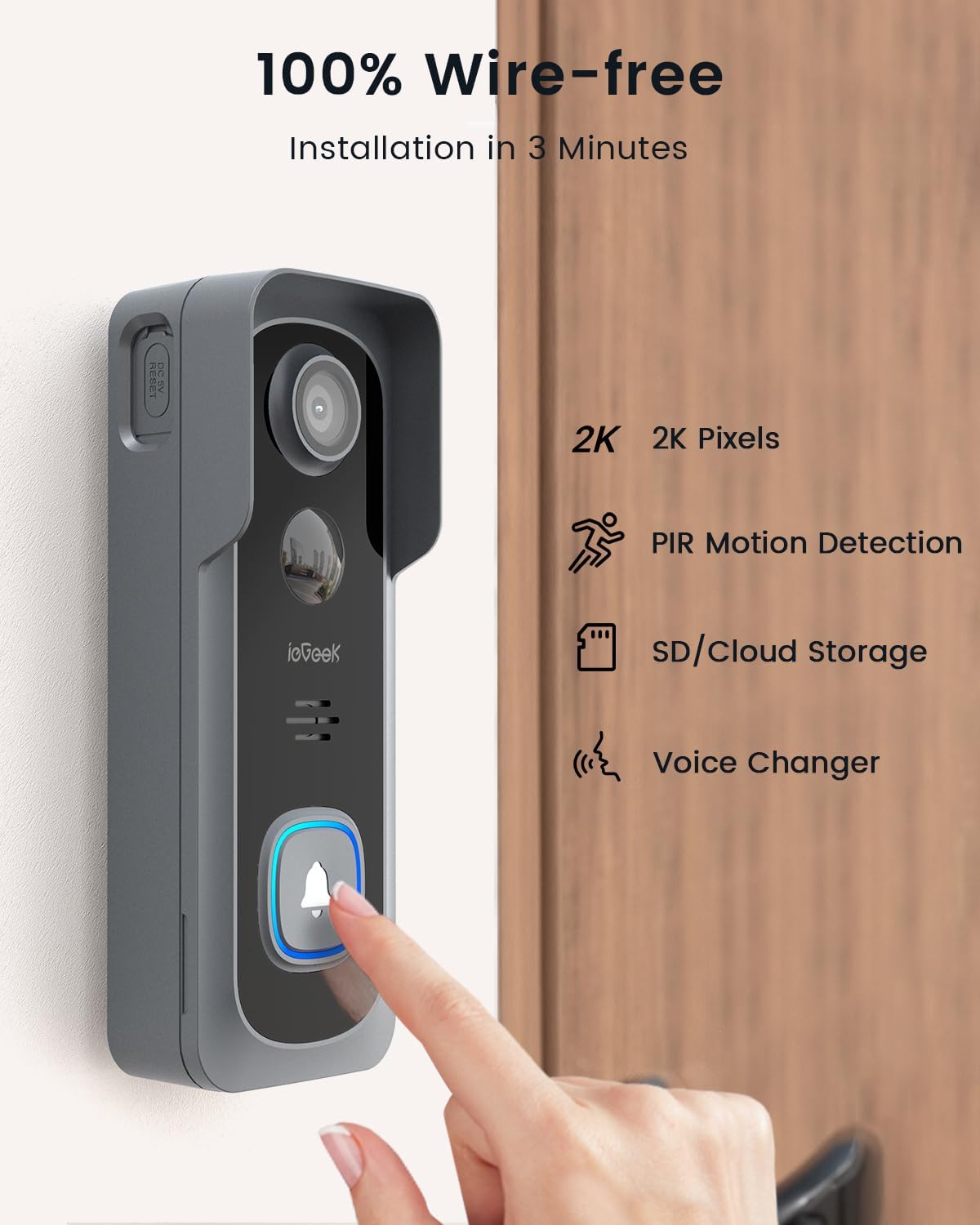 ieGeek Bell J9 Безжичен видео звънец с камера 2K 3MP, Wi-Fi, двупосочно аудио, PIR детекция, Alexa