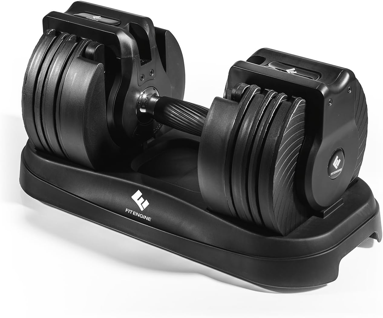 Регулируеми дъмбели FitEngine с 16 степени от 3 до 22.7 кг, гумирана дръжка и удобна поставка