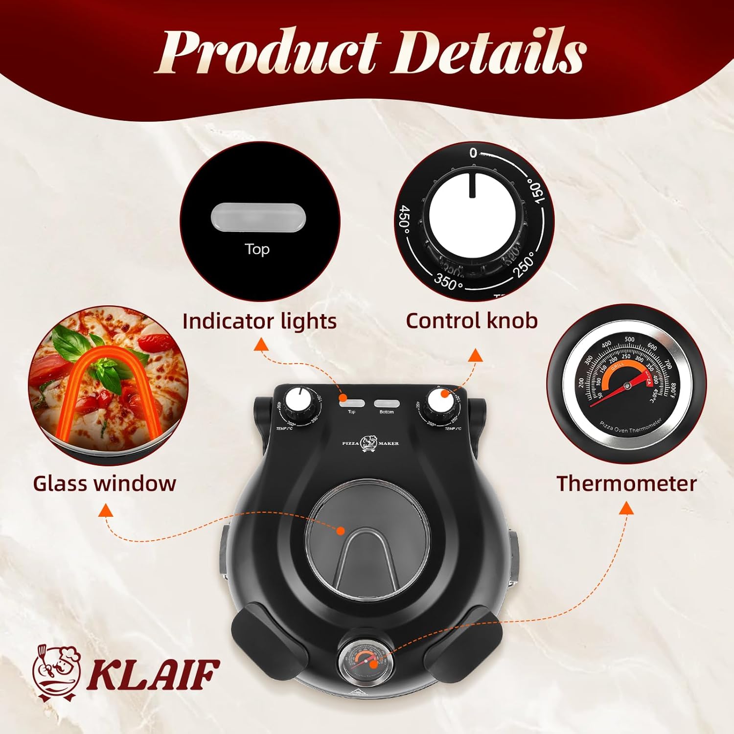 Електрическа пещ за пица KLAIF 1200W с тава за печене 31 см и температура до 420°C