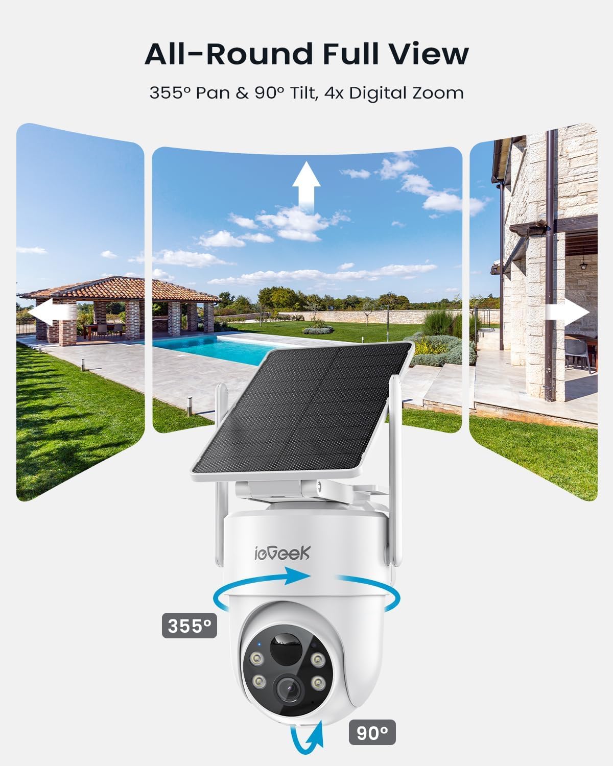 ieGeek S5 2K Соларна Wi-Fi IP Камера за Външно Наблюдение с 360° PTZ, Цветно Нощно Виждане, AI Разпознаване и Двупосочно Аудио