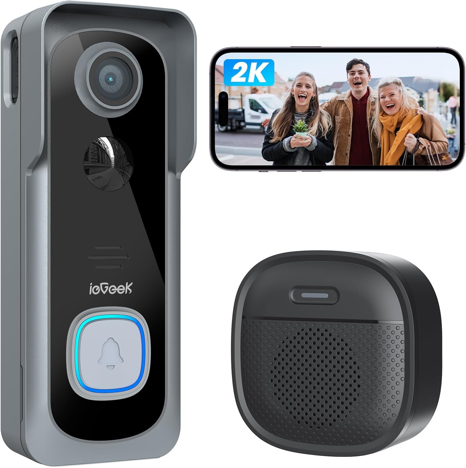 ieGeek Bell J9 Безжичен видео звънец с камера 2K 3MP, Wi-Fi, двупосочно аудио, PIR детекция, Alexa