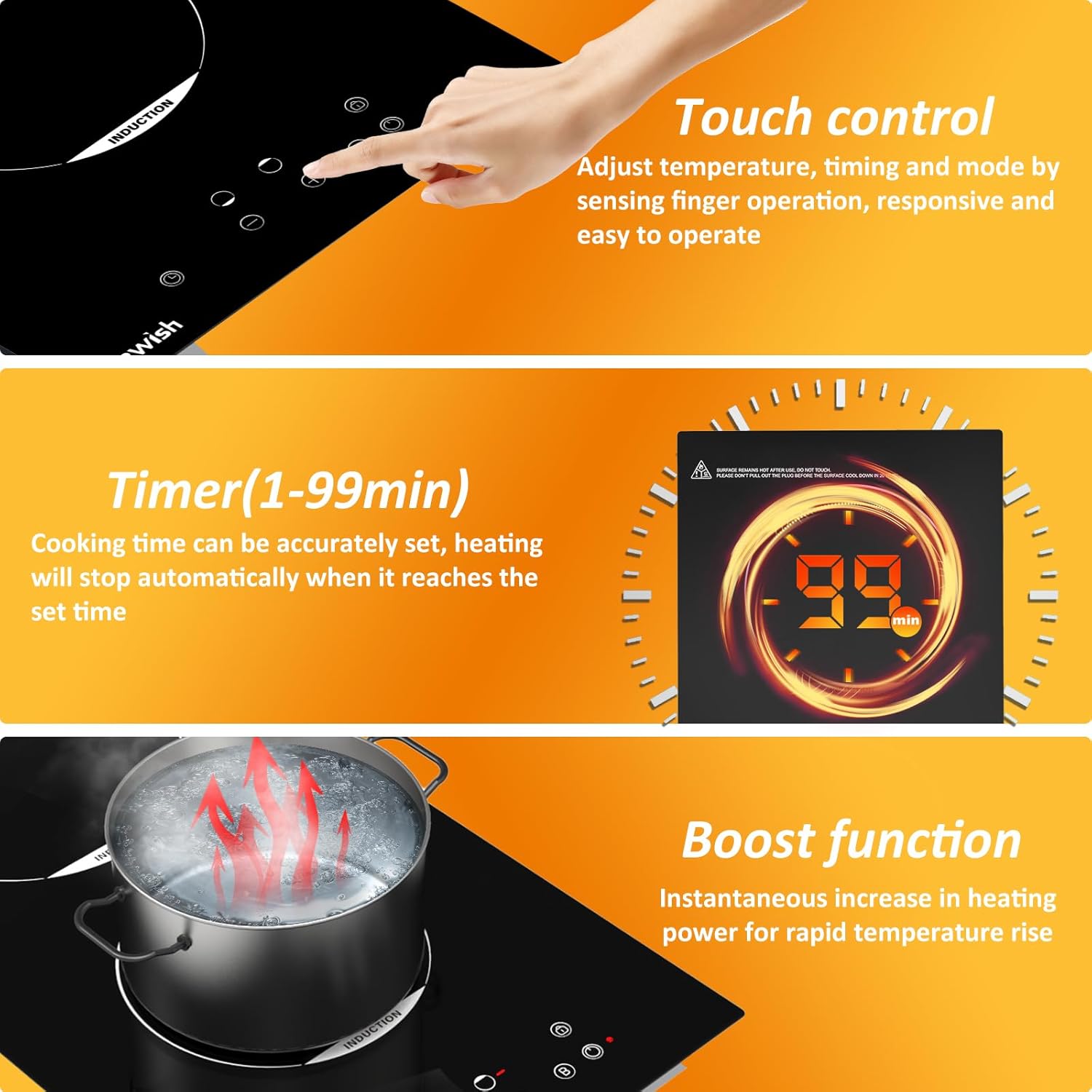 Индукционен плот TOPWISH с 2 зони, 3500W, Boost функция и Touch управление