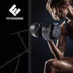 Регулируеми дъмбели FitEngine с 16 степени от 3 до 22.7 кг, гумирана дръжка и удобна поставка