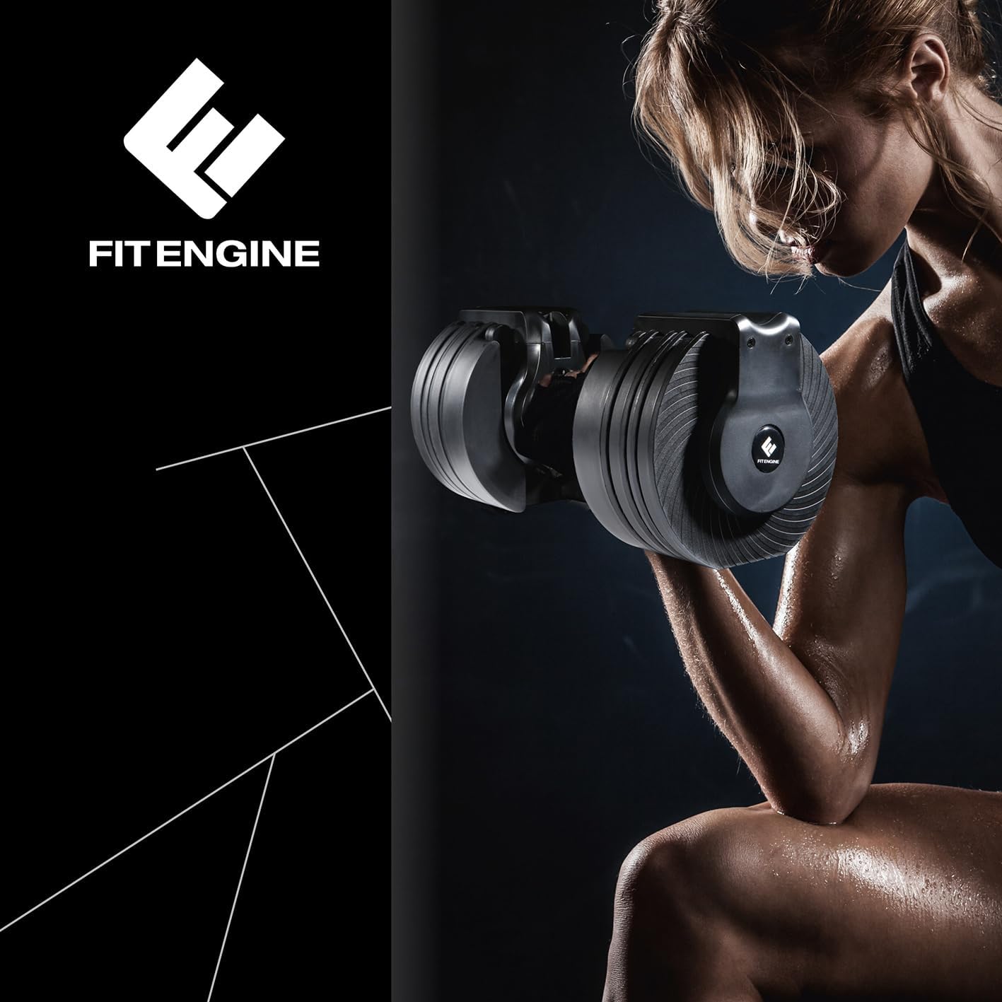 Регулируеми дъмбели FitEngine с 16 степени от 3 до 22.7 кг, гумирана дръжка и удобна поставка