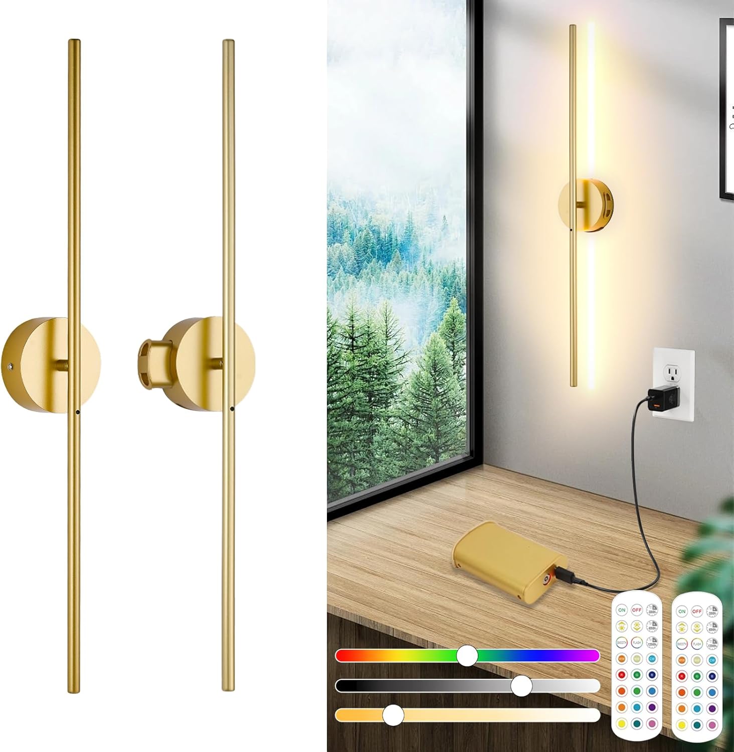 Pinrutar LED стенни лампи – комплект от 2 бр., безжични, с дистанционно и 15 цвята