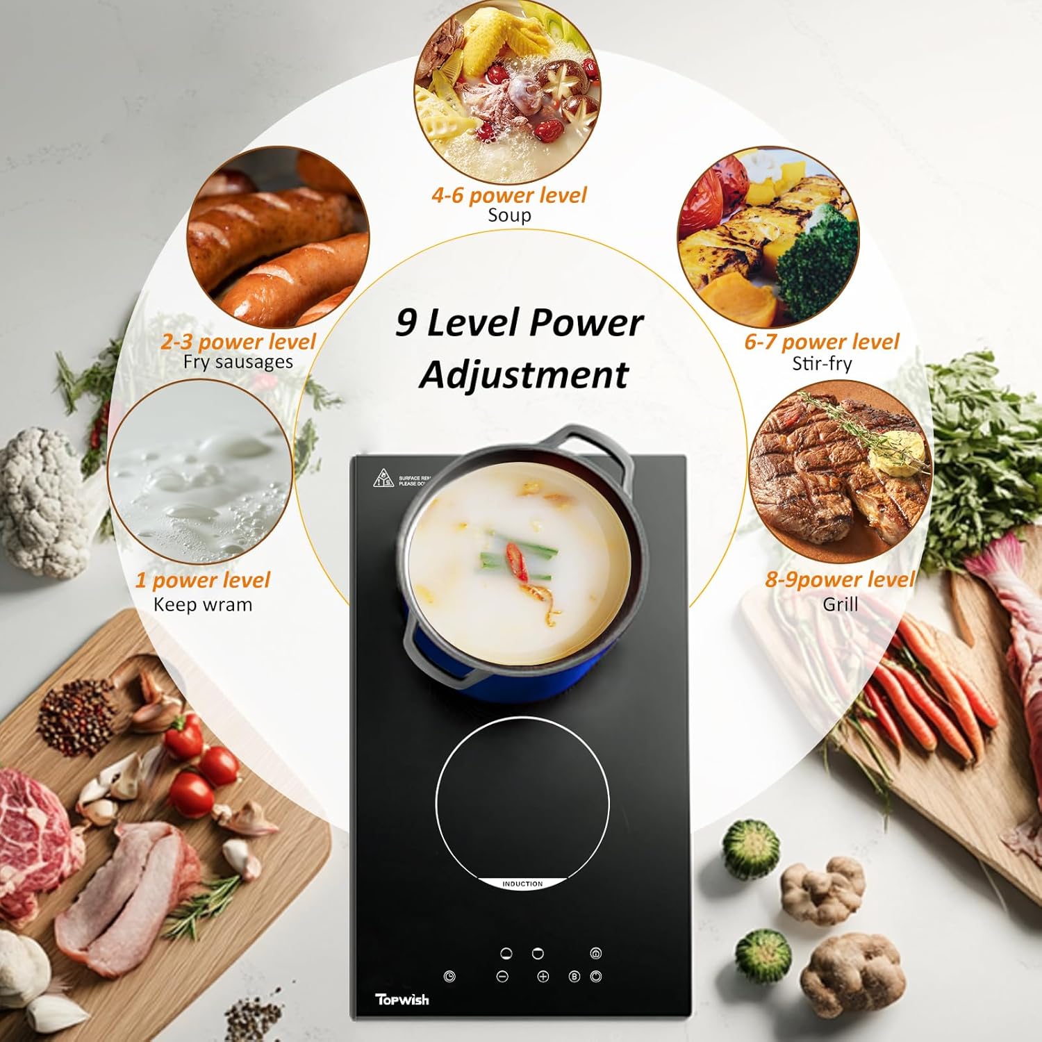 Индукционен плот TOPWISH с 2 зони, 3500W, Boost функция и Touch управление