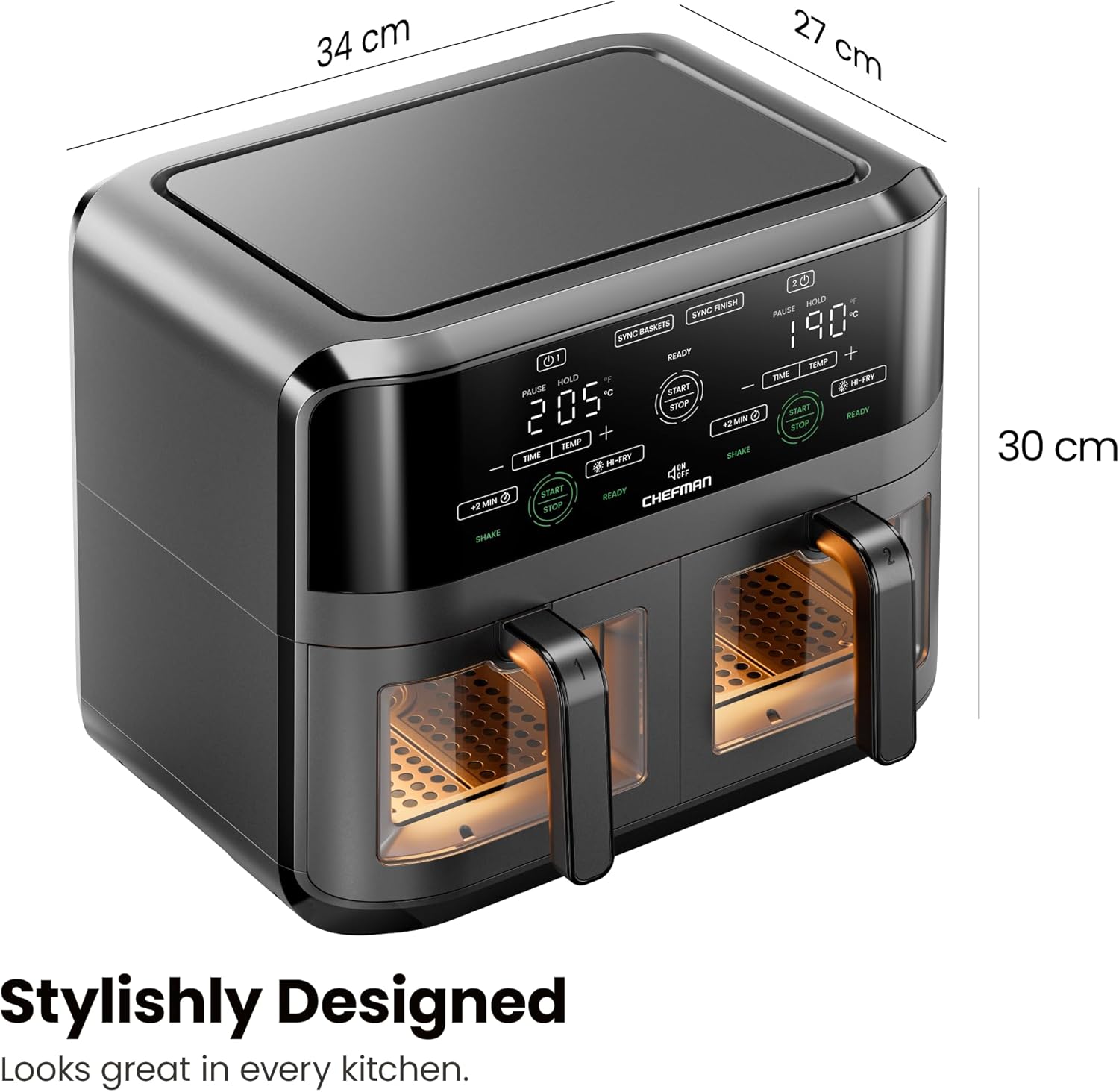 Двоен еър фрайър Chefman 5.6L с 2 кошници, Sync Finish и прозорци за наблюдение