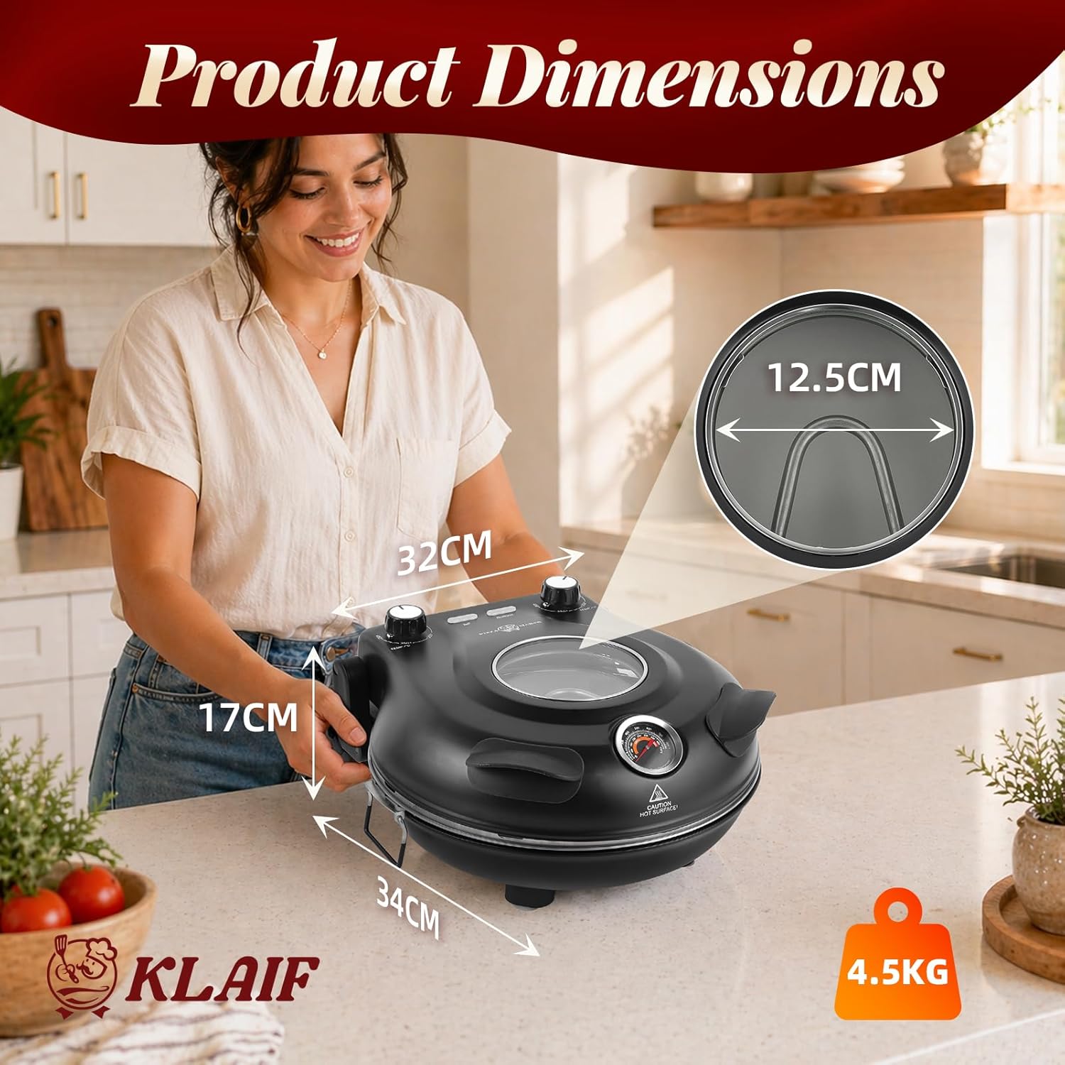 Електрическа пещ за пица KLAIF 1200W с тава за печене 31 см и температура до 420°C