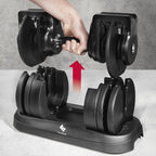 Регулируеми дъмбели FitEngine с 16 степени от 3 до 22.7 кг, гумирана дръжка и удобна поставка