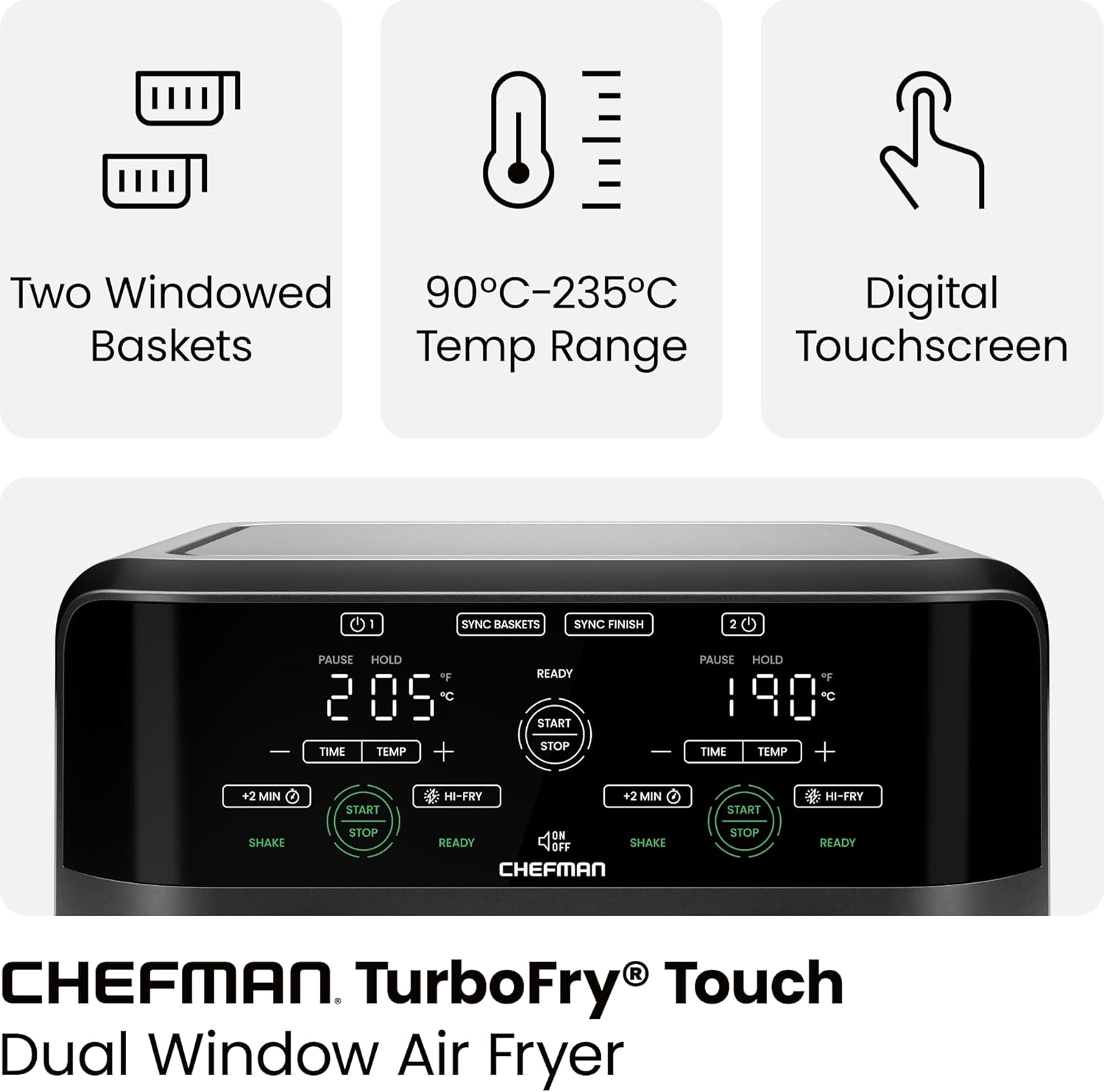 Двоен еър фрайър Chefman 5.6L с 2 кошници, Sync Finish и прозорци за наблюдение