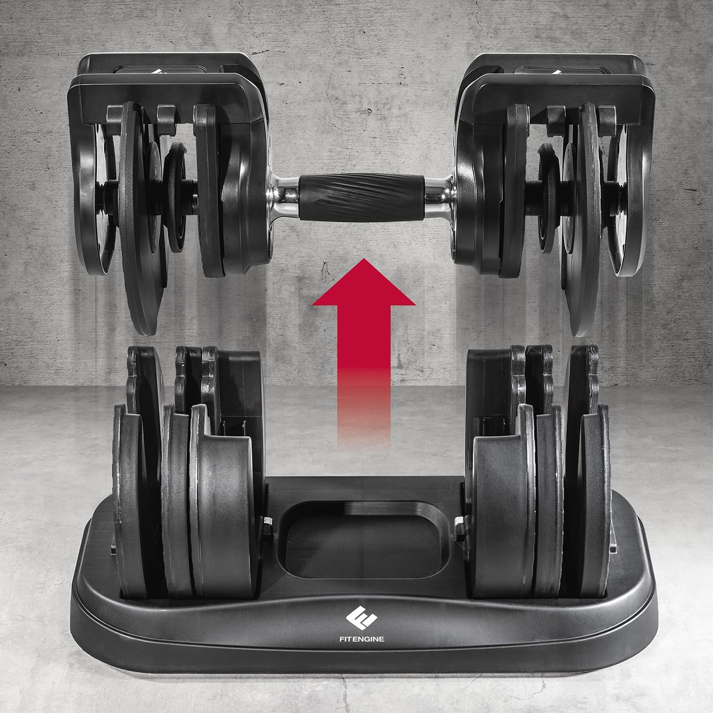 Регулируеми дъмбели FitEngine с 16 степени от 3 до 22.7 кг, гумирана дръжка и удобна поставка