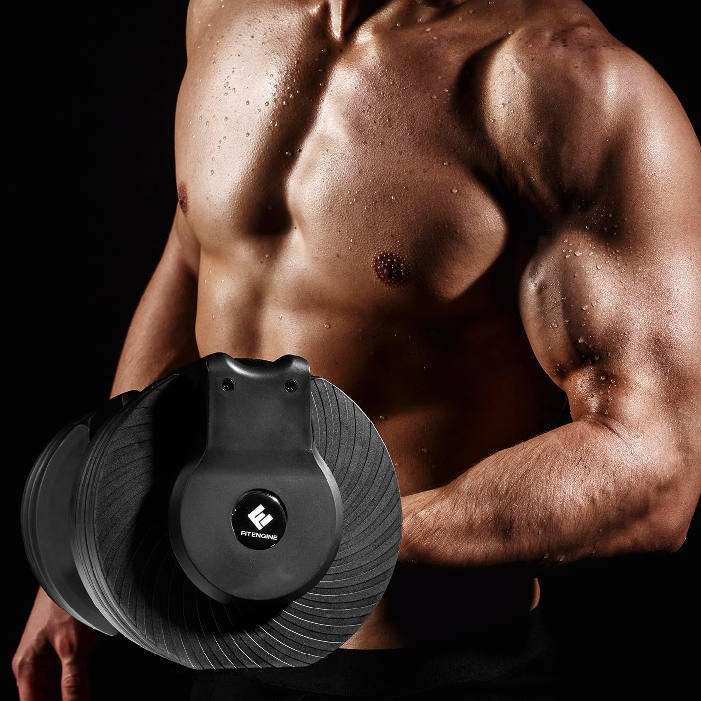 Регулируеми дъмбели FitEngine с 16 степени от 3 до 22.7 кг, гумирана дръжка и удобна поставка