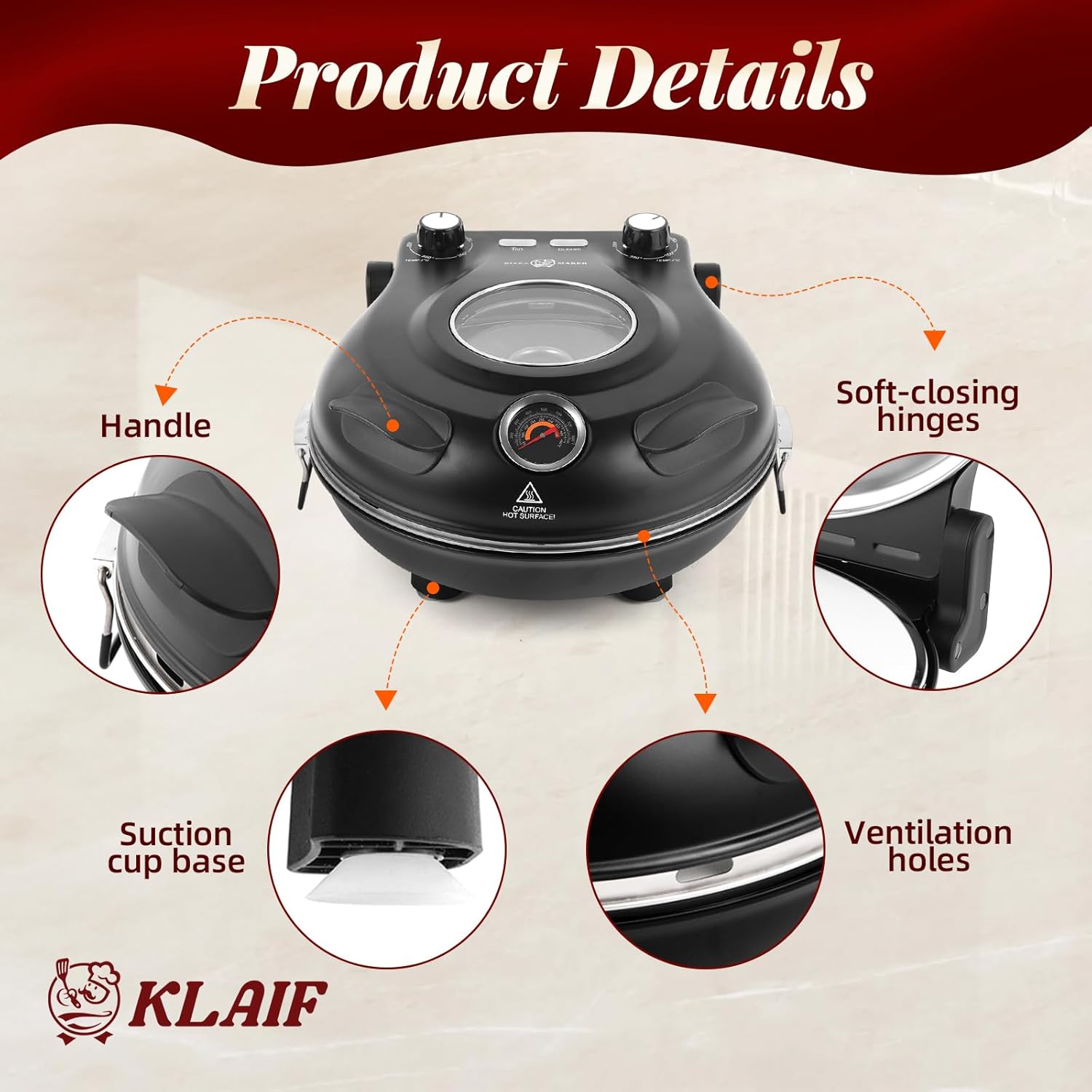 Електрическа пещ за пица KLAIF 1200W с тава за печене 31 см и температура до 420°C