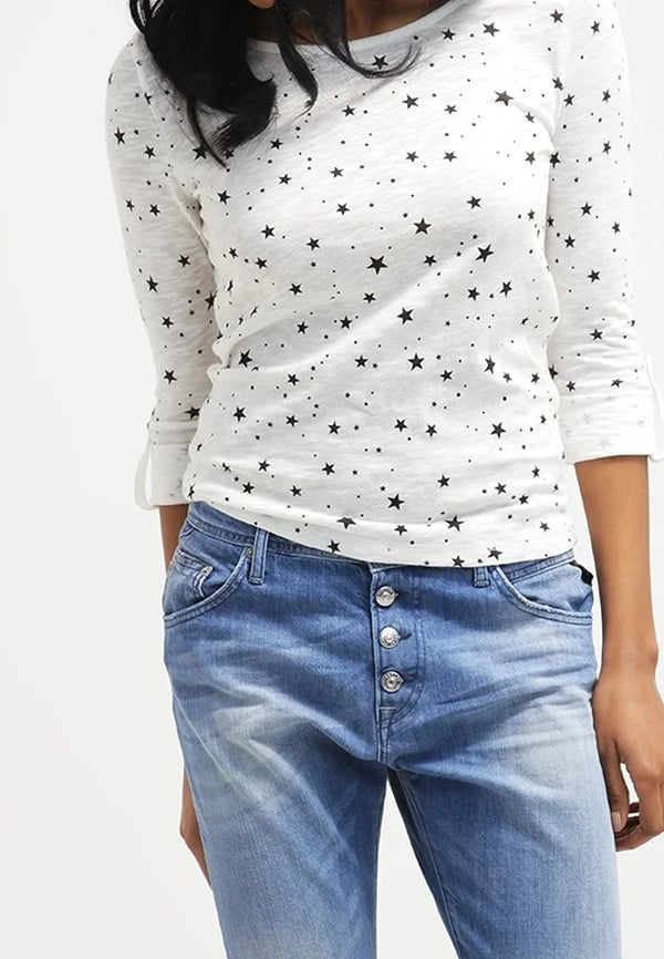 Дамска памучна блуза с 3/4 ръкави Haylis, бяла с принт звезди