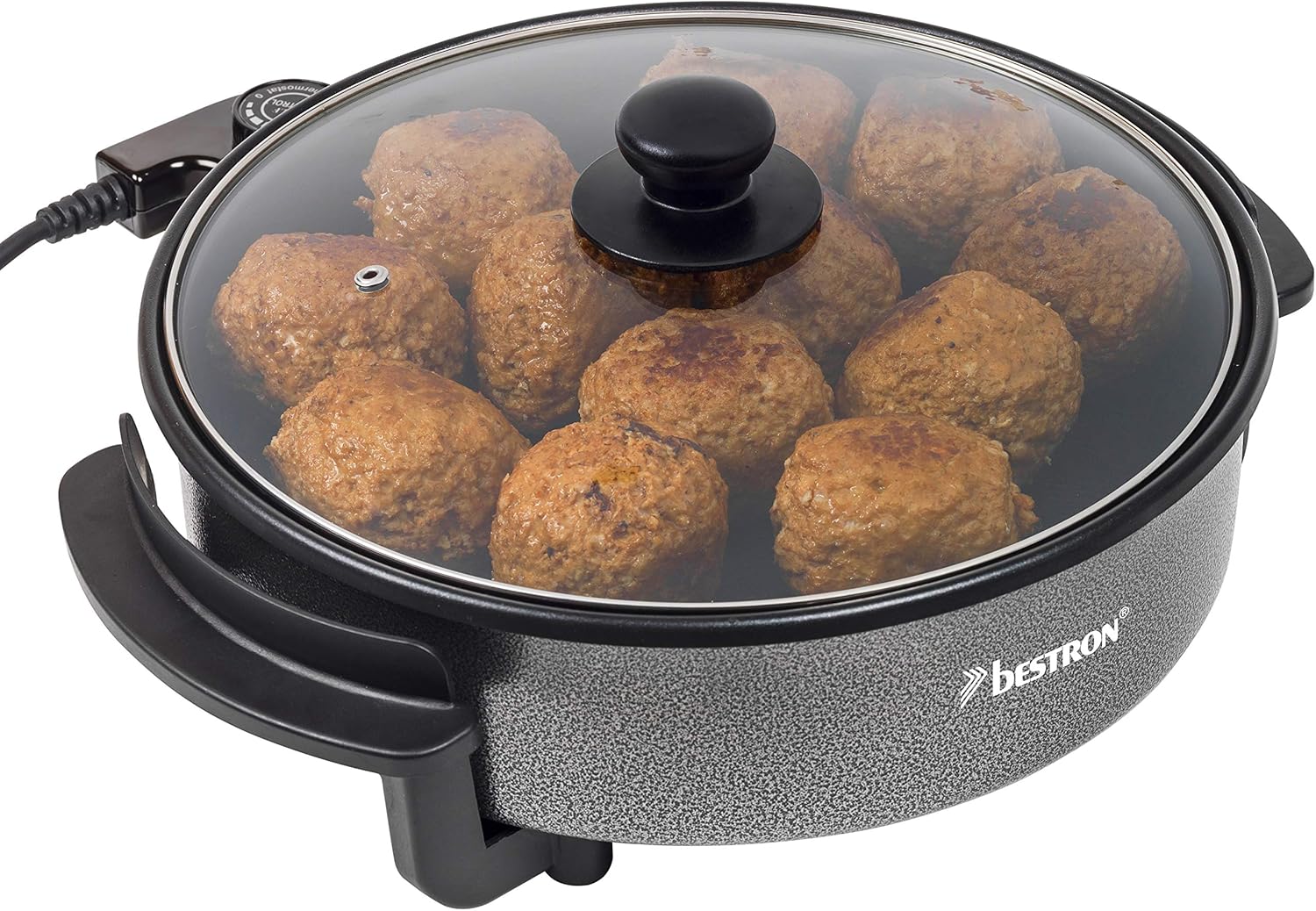 Bestron AHP1200 Електрически тиган с незалепващо покритие и стъклен капак 1500 W / 28,5 см, черен