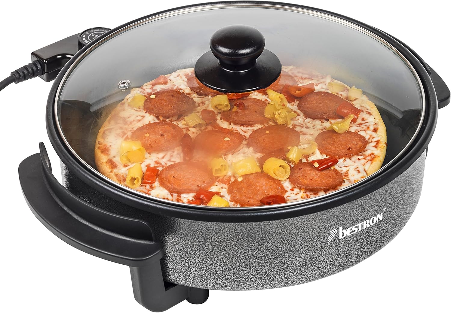 Bestron AHP1200 Електрически тиган с незалепващо покритие и стъклен капак 1500 W / 28,5 см, черен