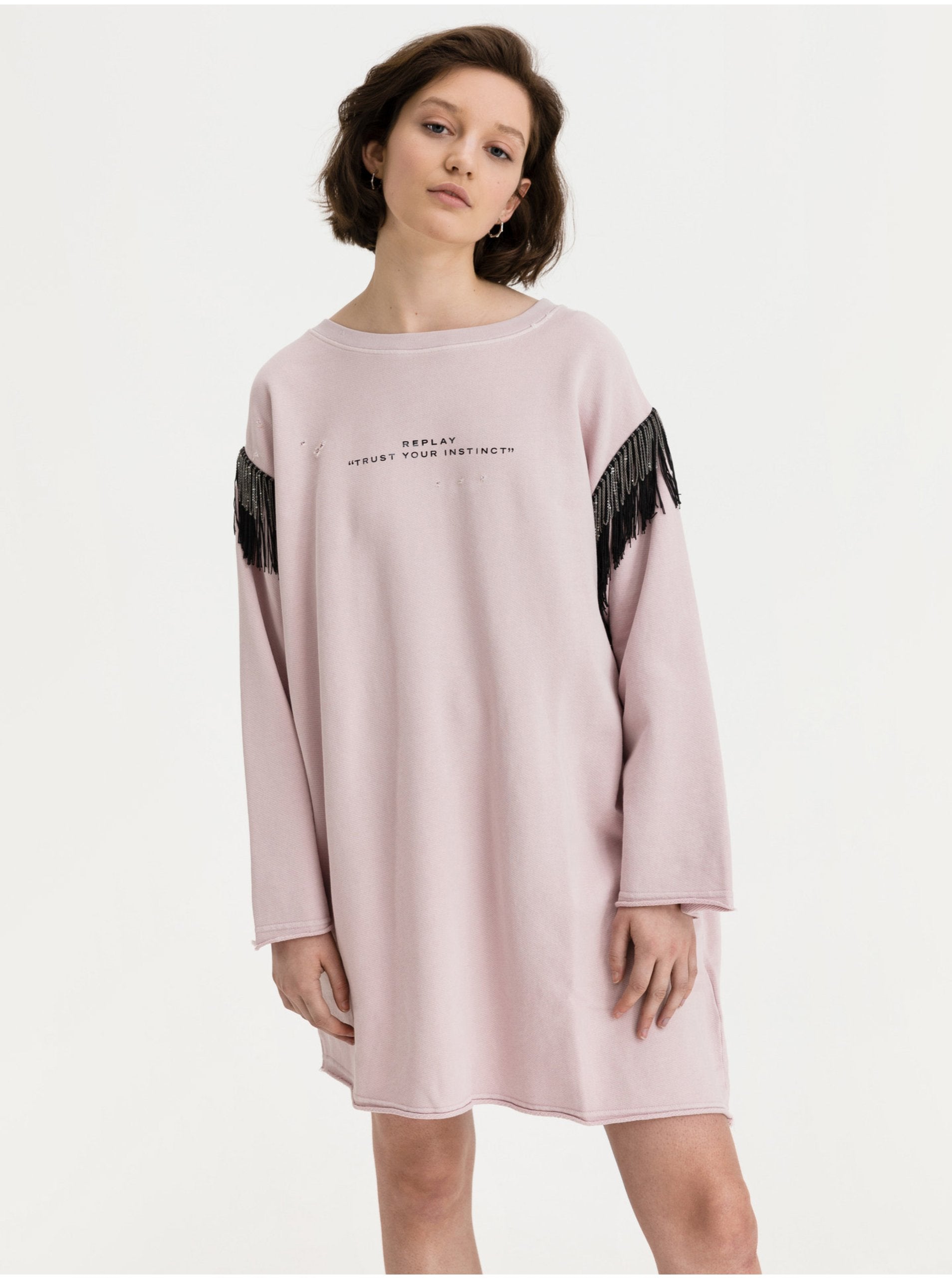 Дамска блуза/рокля Replay с ресни и накъсан ефект, розова