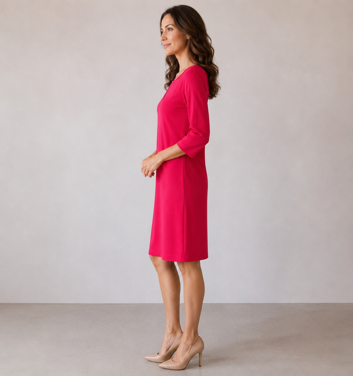 Cartoon Women's knitted dress with 3/4 sleeves season 2025, coral