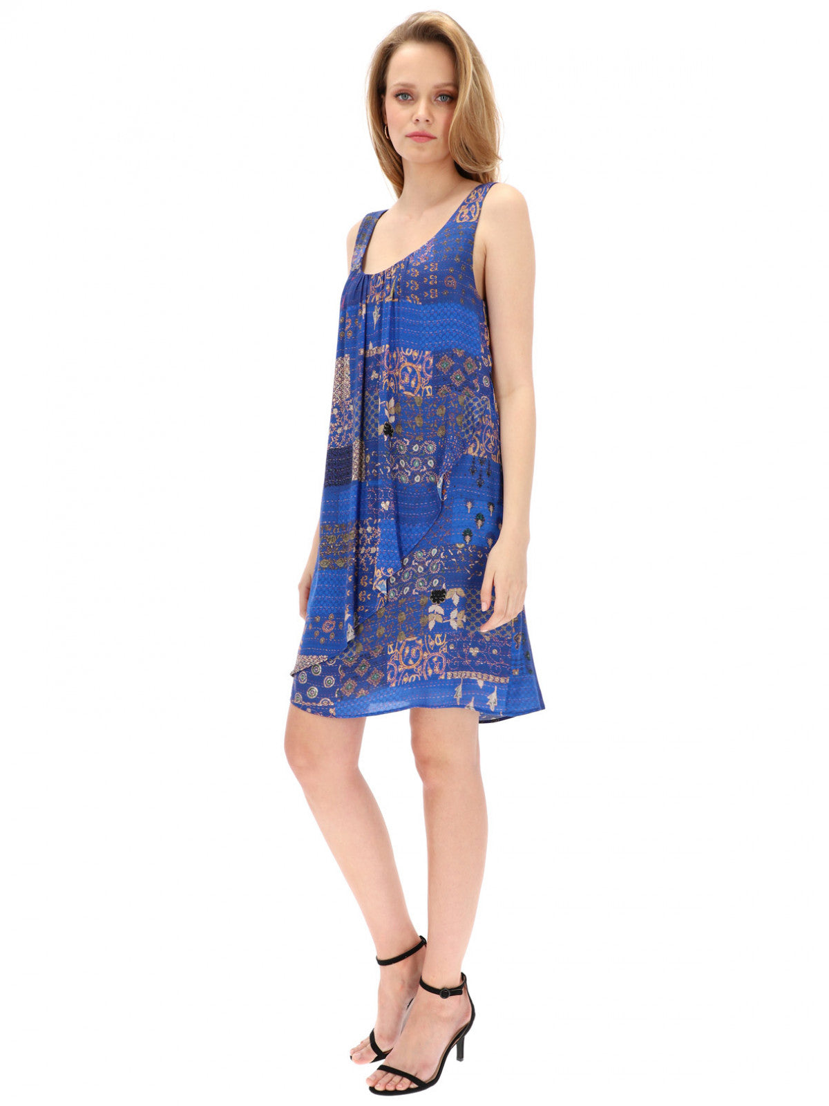 Desigual Дамска лятна рокля, синя с принт разноцветни мотиви