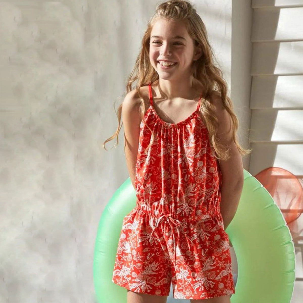 Гащеризон за момиче от органичен памук, оранжев с бял принт