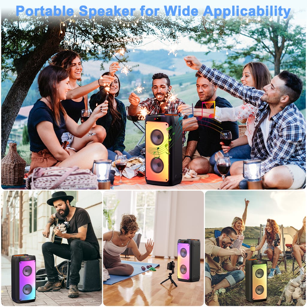 Караоке колона с 2 безжични микрофона, Bluetooth, 200W Peak, TWS и LED светлини
