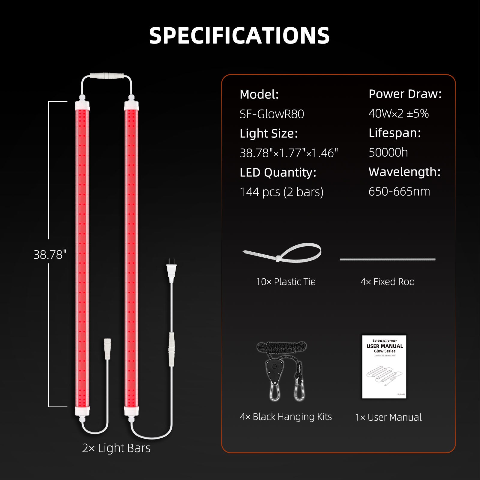 Комплект Spider Farmer GlowR80 80W LED лампи за растения 660nm 98 см