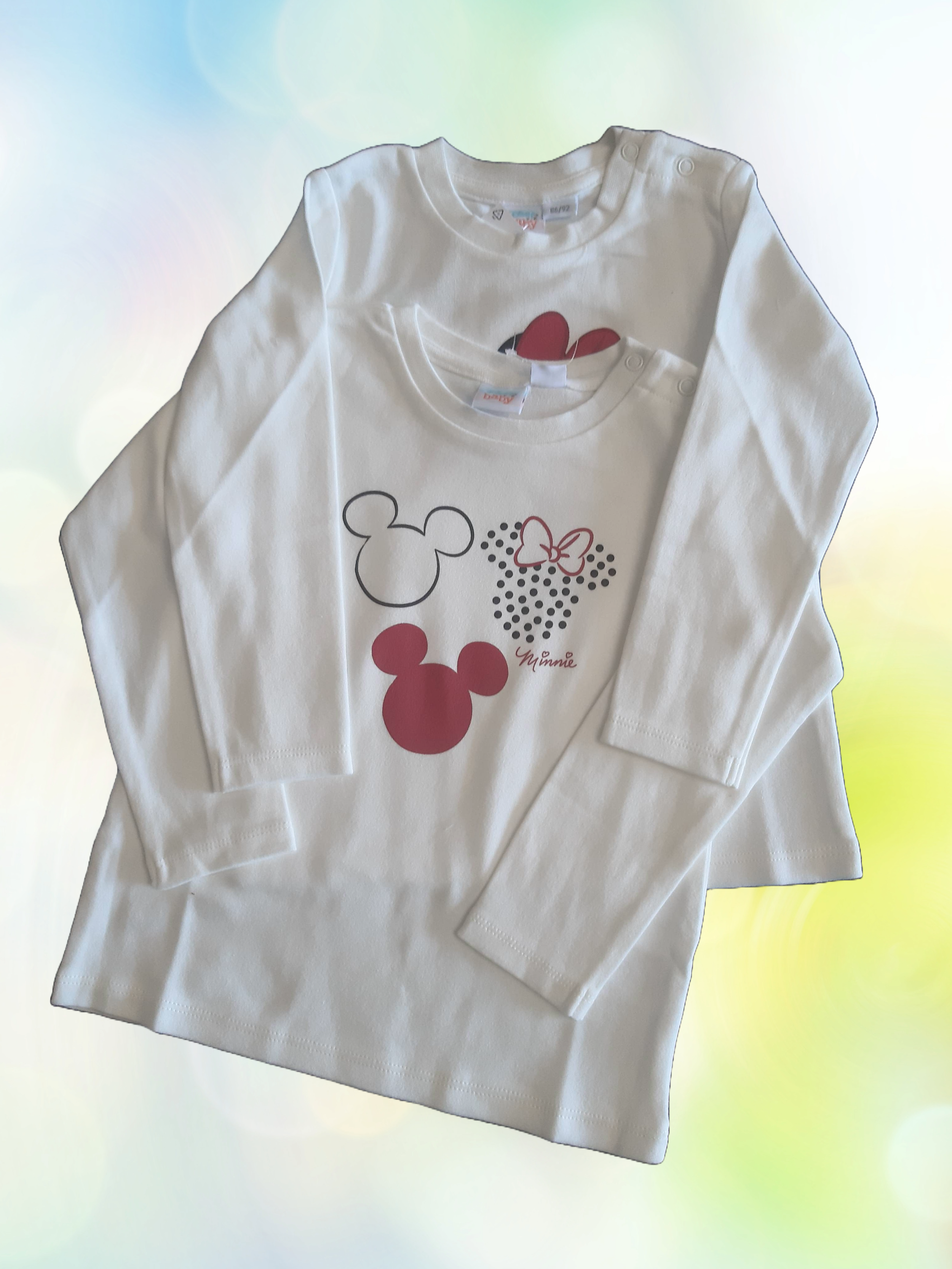 Disney Baby 2 бр. Детски памучни блузи Мики и Мини Маус, бели