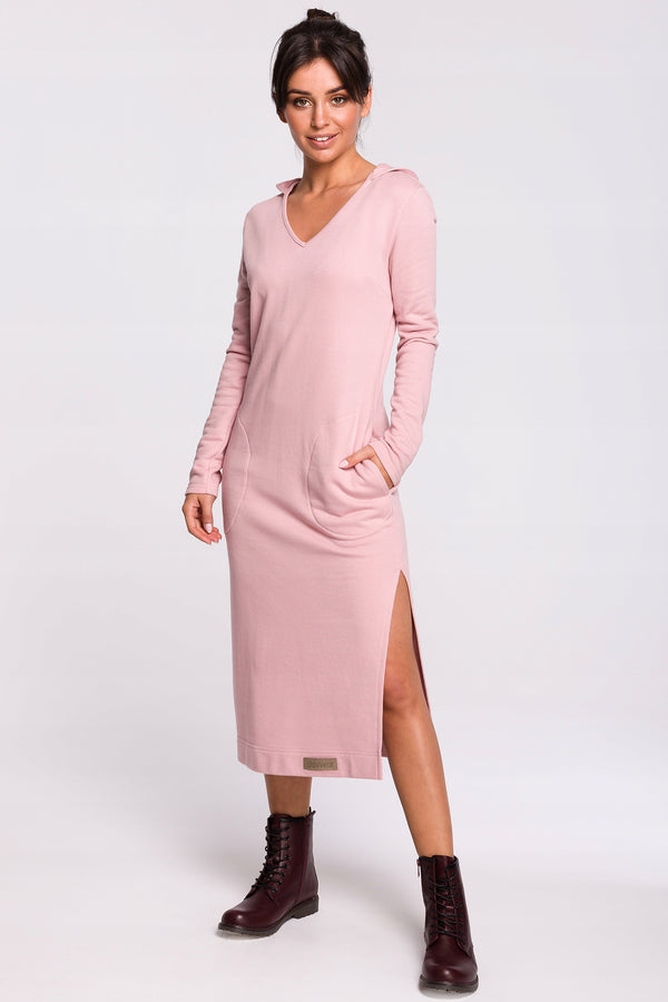 Be Wear Дамска спортно-елегантна памучна рокля с качулка, розова