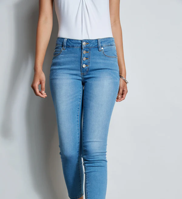 Детски памучни еластични дънки за момиче с висока талия, светло сини