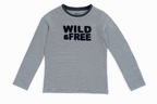 Детска памучна блуза с дълъг ръкав, синьо-бяло райе с принт WILD & FREE