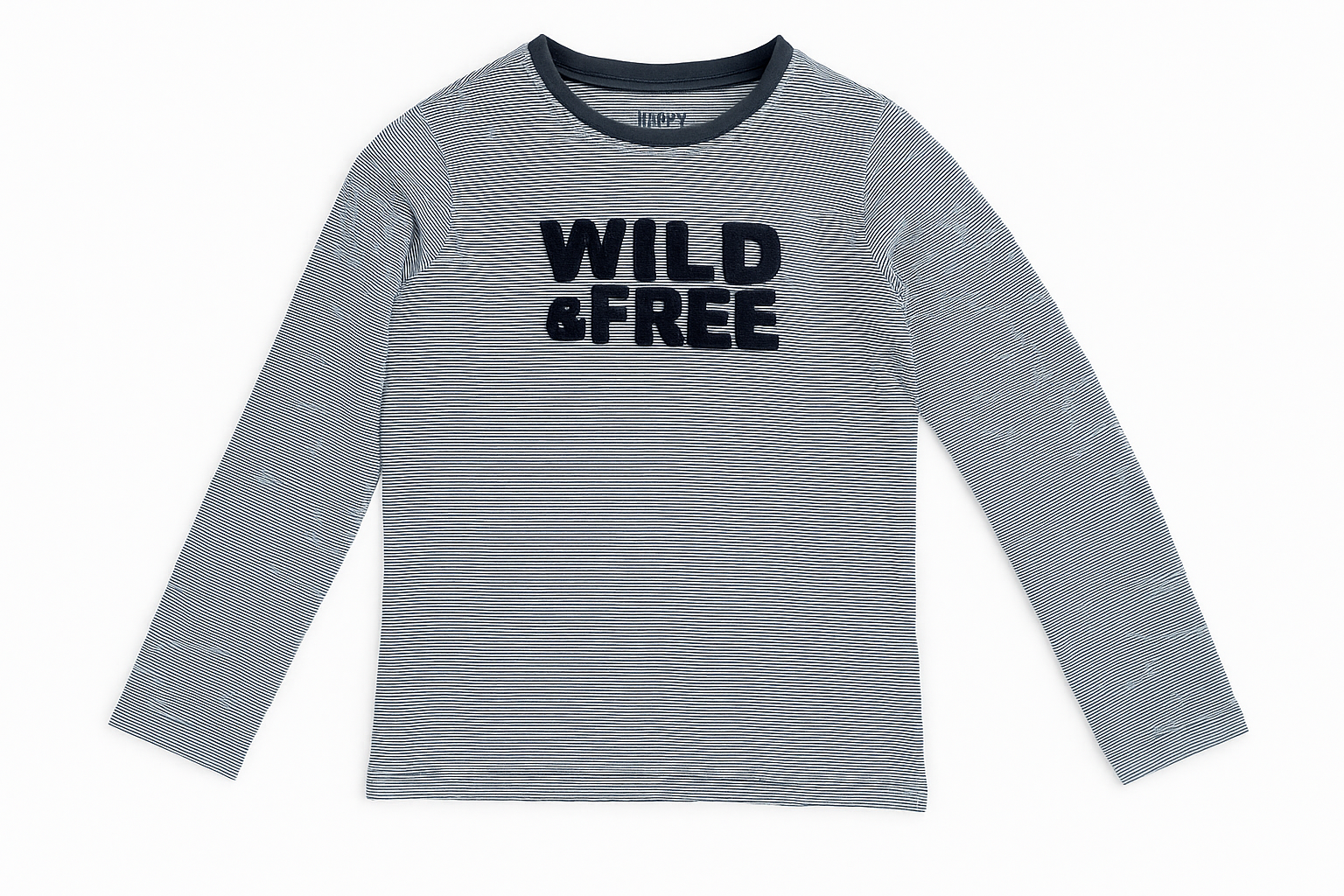 Детска памучна блуза с дълъг ръкав, синьо-бяло райе с принт WILD & FREE