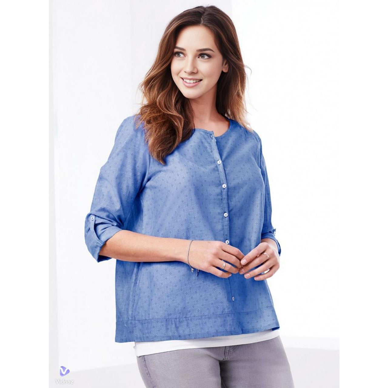 Памучна риза с дълъг ръкав, синя, 42