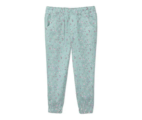 Детски памучен панталон за момиче, синьо с щампа на цветя, 134/140