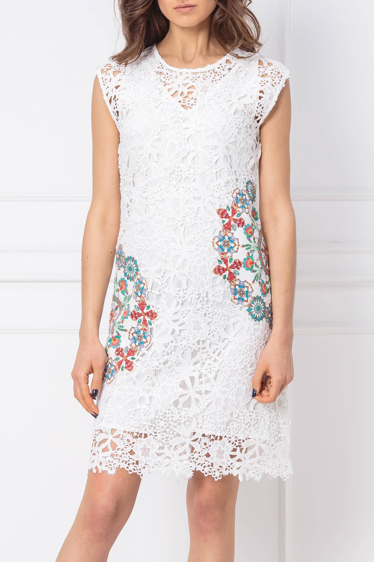 Desigual Дамска дантелена рокля, бяла с щампа цветя