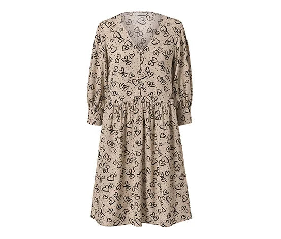 Ежедневна разкроена рокля, бежово с черен принт на сърце, 36