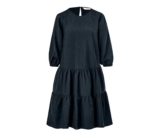 Ежедневна рокля с волани и 7/8 ръкави, тъмно синя, 40