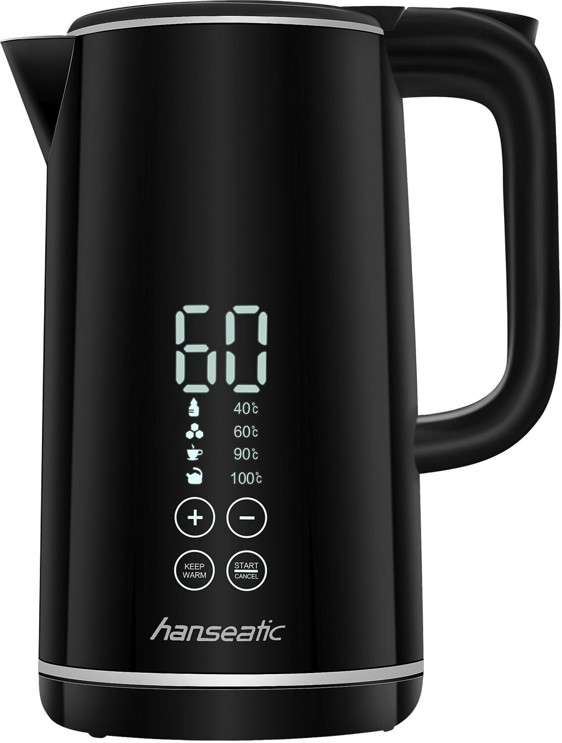 Електрическа кана Hanseatic 1.7L, 2200W, дигитален дисплей и контрол на температурата, черна